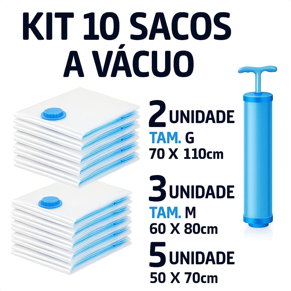 Kit 5/10 Sacos a Vácuo + Bomba Manual Organizadores Roupas Edredons Viagem Antimofo Reutilizável