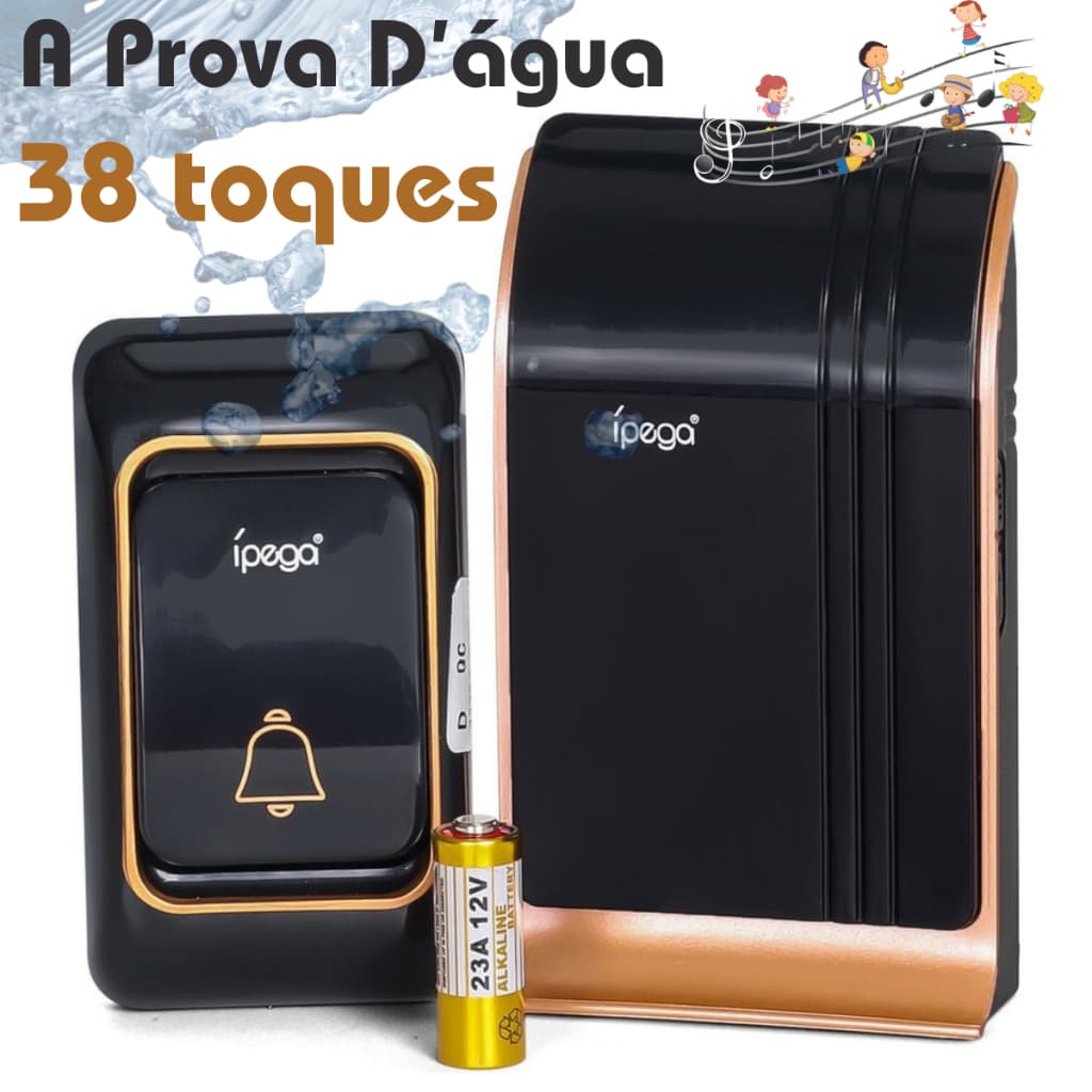 Campainha Residencial Sem Fio Longo Alcance 180m Prova D'água Preto Dourado Casa Segurança
