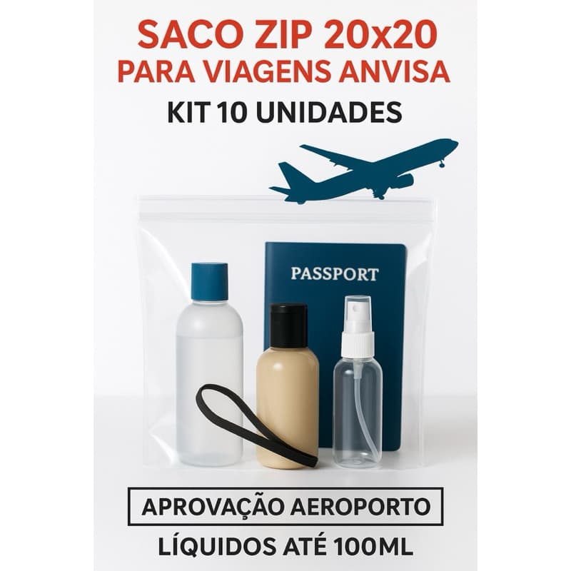 Saco zip oficial 20x20 C/10 unidades viagens internacionais 0.10m
