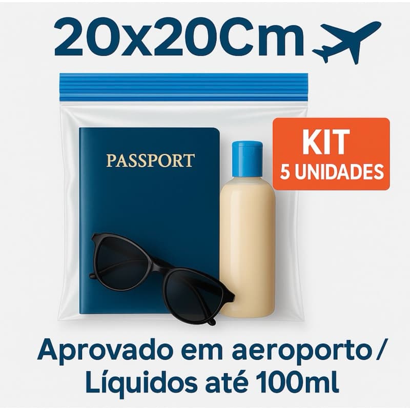 Saco zip 20x20 C/5 unidades viagens internacionais oficial