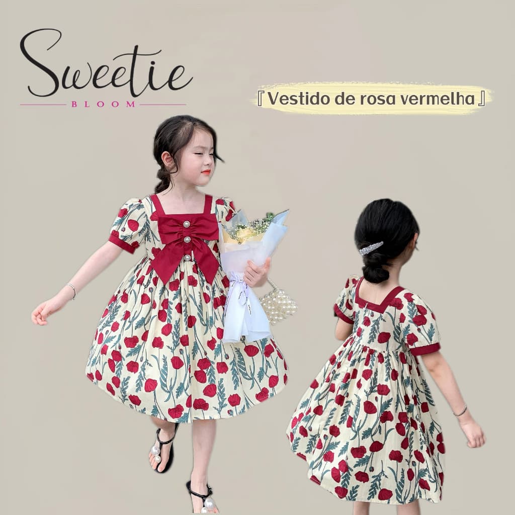 【SWEETIE BLOOM】2-9 anos Vestido Menina Novo Estilo Francês Rosas Vestido Princesa Fofo Infantil