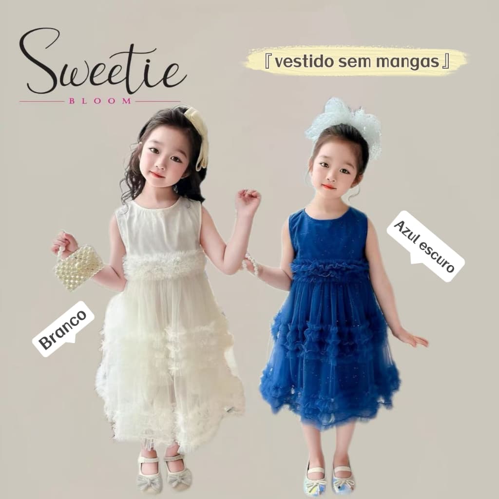 【SWEETIE BLOOM】2-11 anos Vestido Menina Sem Mangas Saia Tule Rodada Princesa