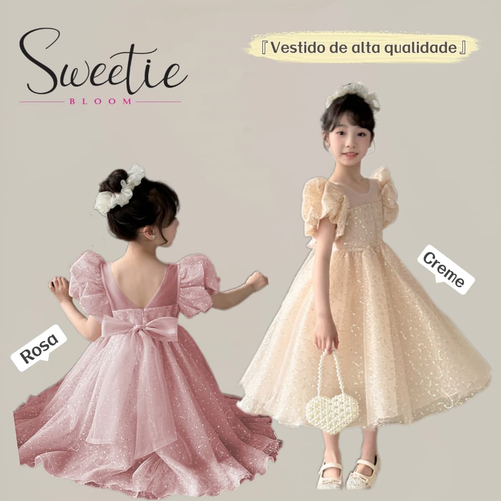 【SWEETIE BLOOM】Vestido Festa Infantil Menina Manga Bufante Tule Princesa Elegante Aniversario