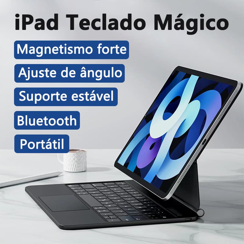 Teclado Mágico Bluetooth com Capa Magnética para iPad – Retroiluminado, Touchpad, Ajustável