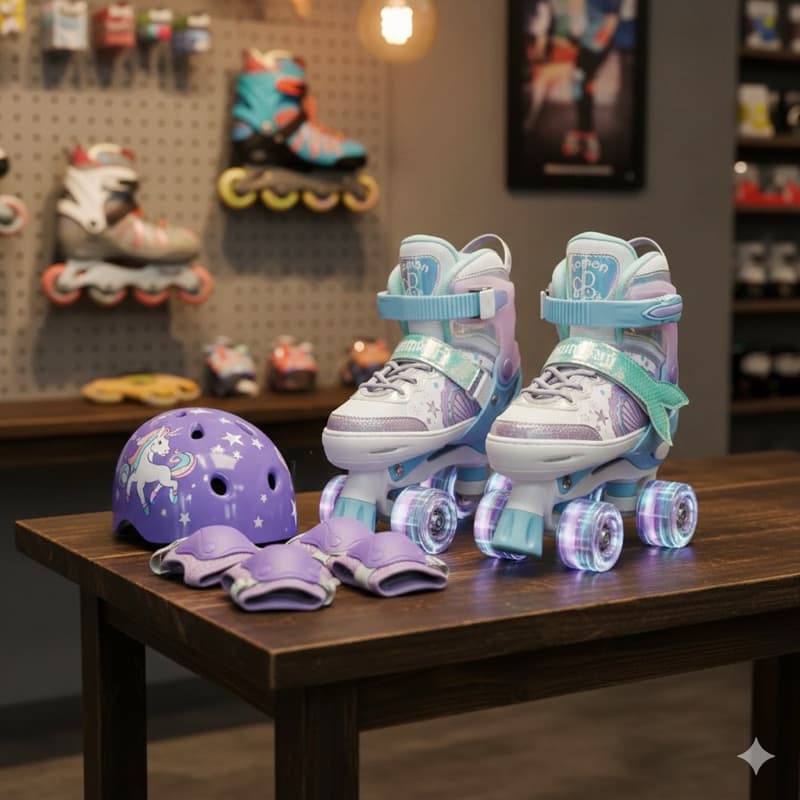 Patins Infantil 4 Rodas Ajustavel com luz de led Sereia Lilás ou Rosa + Kit Proteção.....