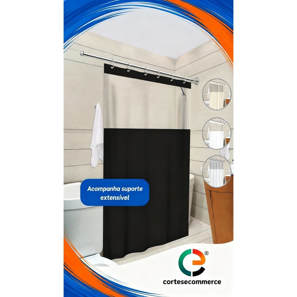Cortina Box em PVC Para Banheiro Anti Mofo Com Ganchos  + Suporte de cortina