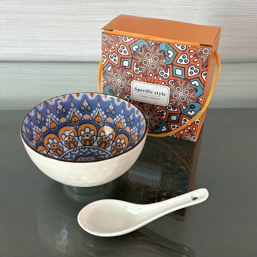 1 Bowl Tigela Porcelana Estampada 250ml Com Colher de Porcelana Caixa Presenteável Cores A Escolher