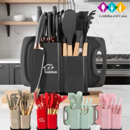 Kit 12/19 Peças Jogo de Utensílios Para Cozinha em Silicone Com Cabo de Madeira Completo