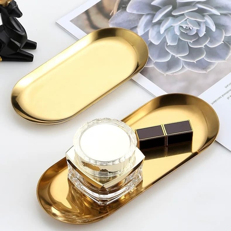 Bandeja Oval de Aço Inox Decorativa Organizador de Joias Maquiagem Talheres e Petiscos