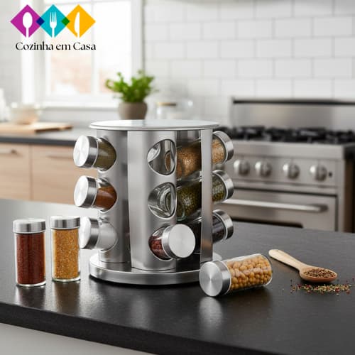 Porta Tempero Condimento Inox 12 Potes Suporte Giratório