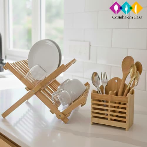 kit Porta Talher Bambu Moderno e Escorredor de Pratos de Bambu com 11 e 14 Divisórias