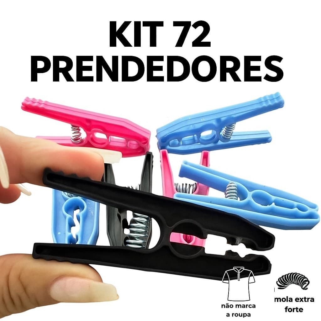 KIT 72 Unidades Pregador Prendedores Grande de Roupa em Plástico Reforçado - Varal mola Reforçada
