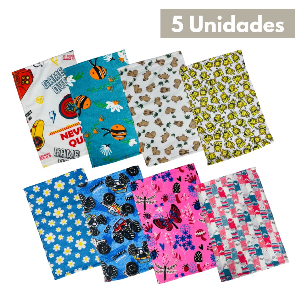 Kit 5 Toalhas Lavabo Escolar Infantil Boca e Mão Desenhos 28x45