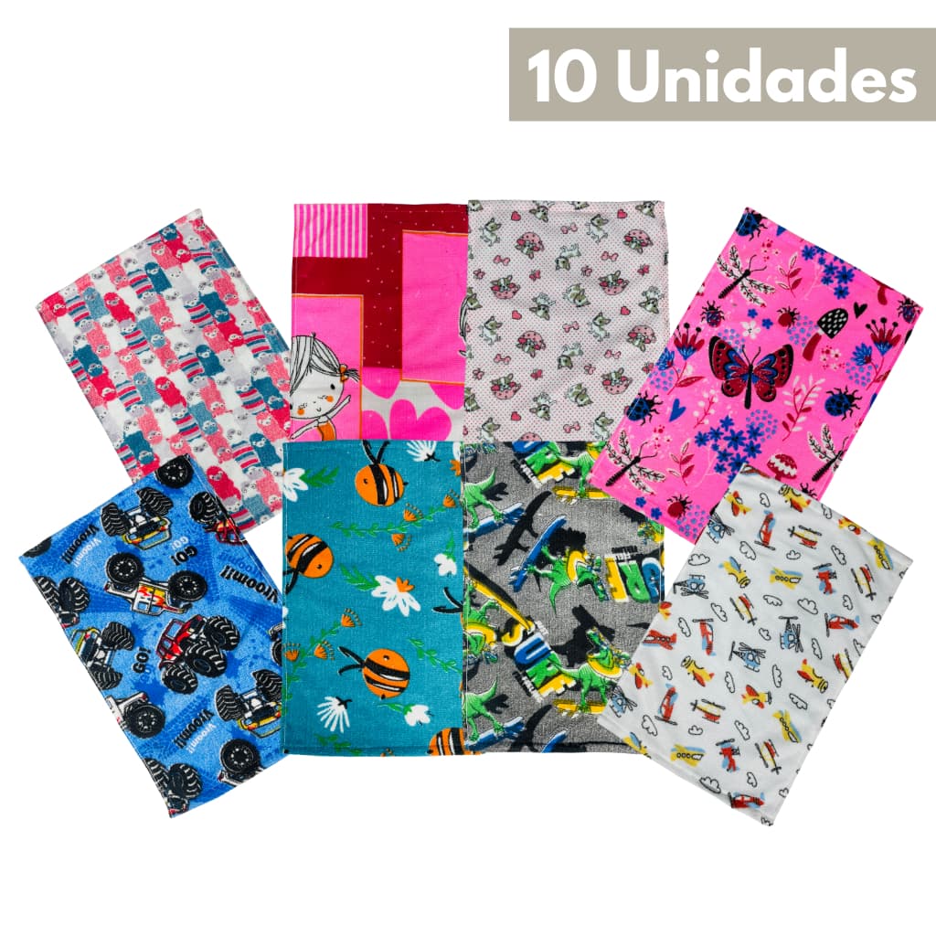 Kit 10 Toalhas Lavabo Escolar Infantil Boca e Mão Desenhos 28x45