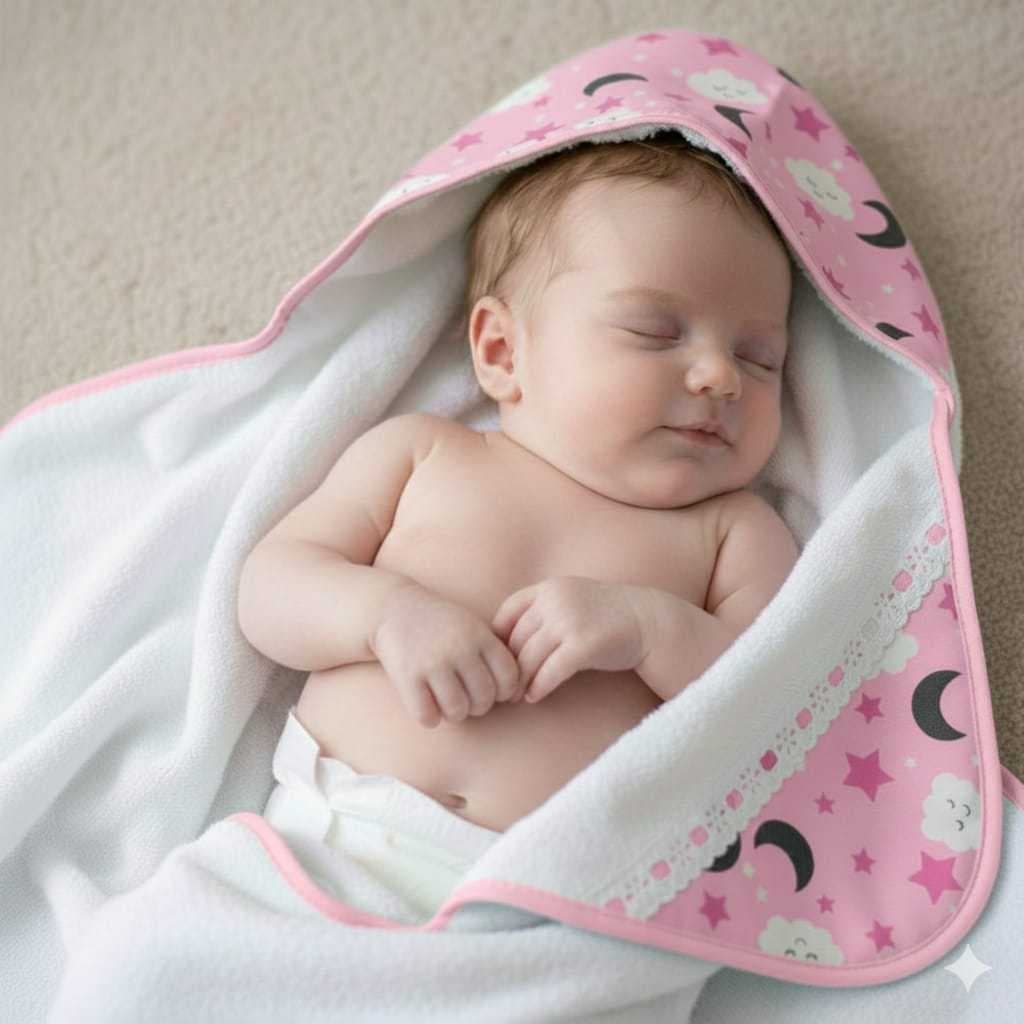 Toalha de Banho Bebê Dupla Face com Capuz Forrada com Fralda