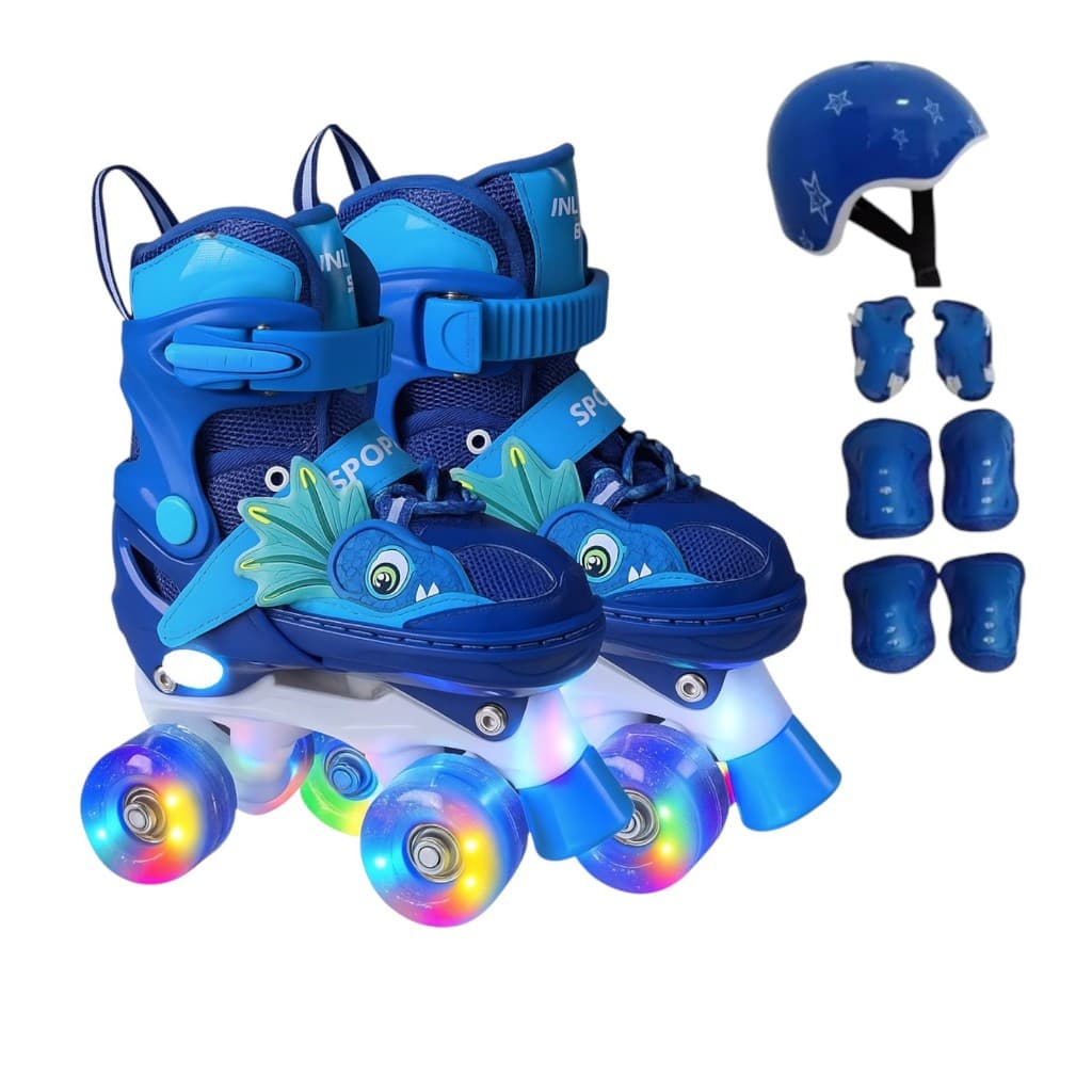 Patins Quad Dinossauro Infantil 4 Rodas Tamanho Regulável Com Rodinhas de LED + Bolsa + KIT DE PROTEÇÃO COMPLETO