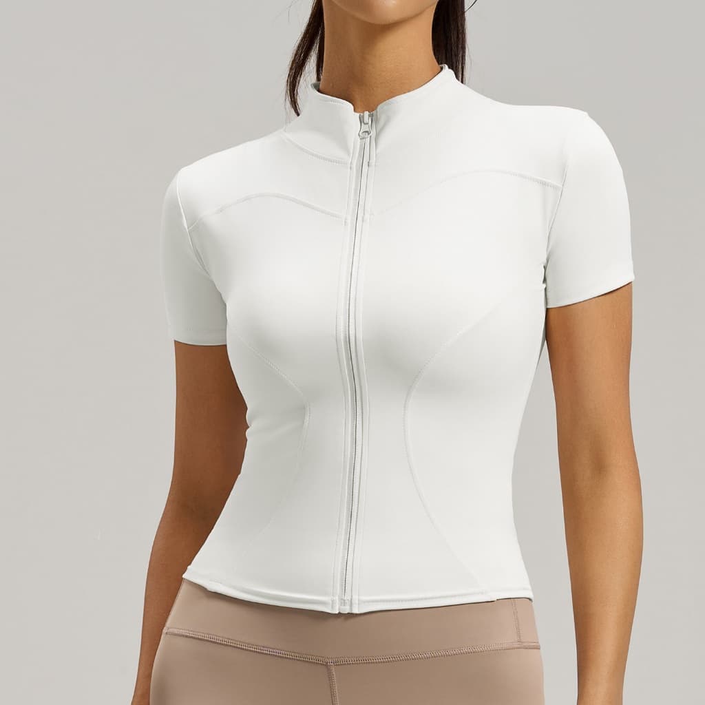 Camiseta Apertada Zipper Yoga Vestuário Feminino De Secagem Rápida Esportivo De Manga Curta Jaqueta Gola Alta Aptidão De