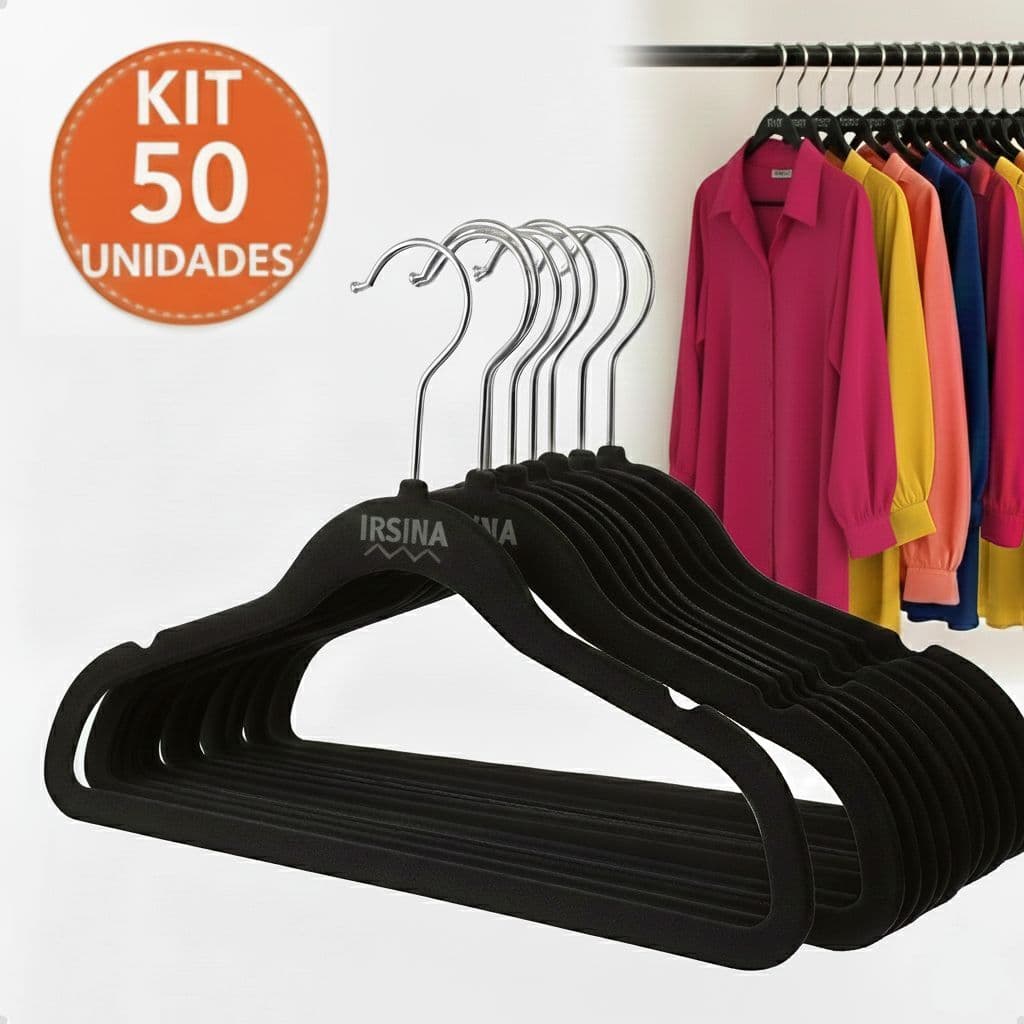 Kit 50 Cabides Veludo Slim Adulto Antiderrapante Ultra fino, Resistente e Organizador