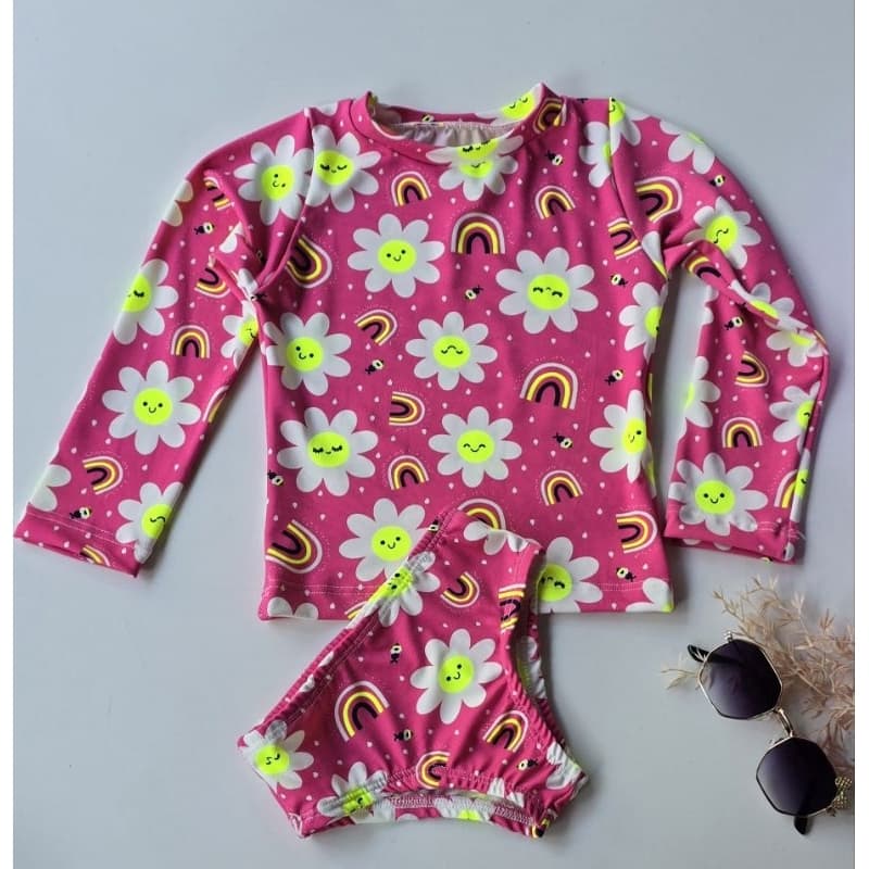 Biquíni Infantil Menina Manga Longa Estampado Proteção Solar Praia Piscina Conforto Verão Kids UV