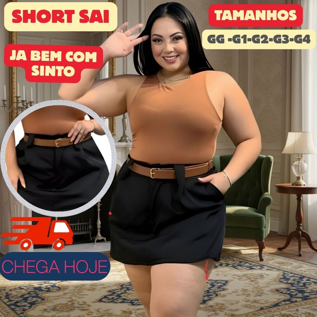 Short Saia Plus Size Alfaiataria Feminino Elegante Acessórios Conjunto Com Cinto e Bolso Tamanhos 44 -52