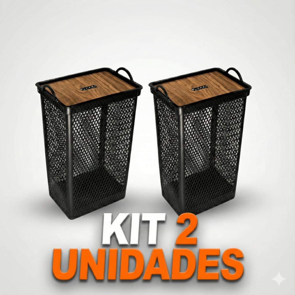 2 Cesto Organizador 49 Litros Telado Tampa Madeira - Banheiro e Lavanderia