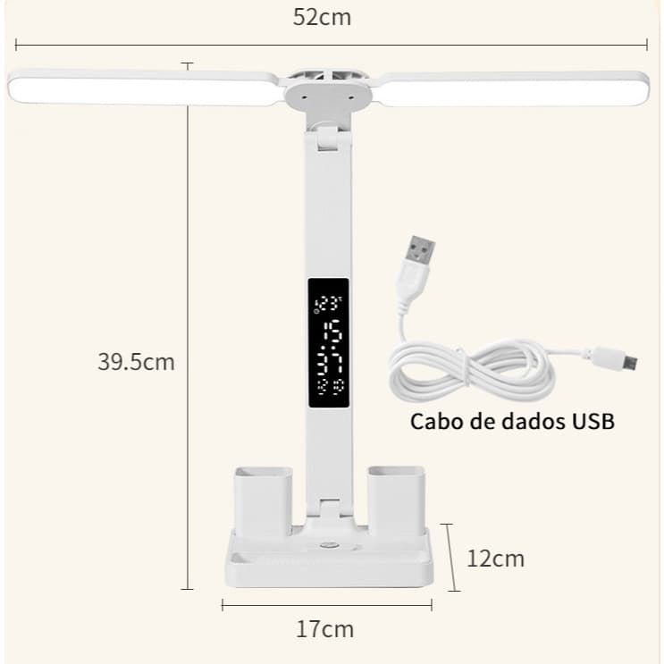 Lâmpada De Mesa LED Com 2 Porta-canetas Hora Data Regulável 3 Modos De cor Controle De Toque Dobrável Com Carregador