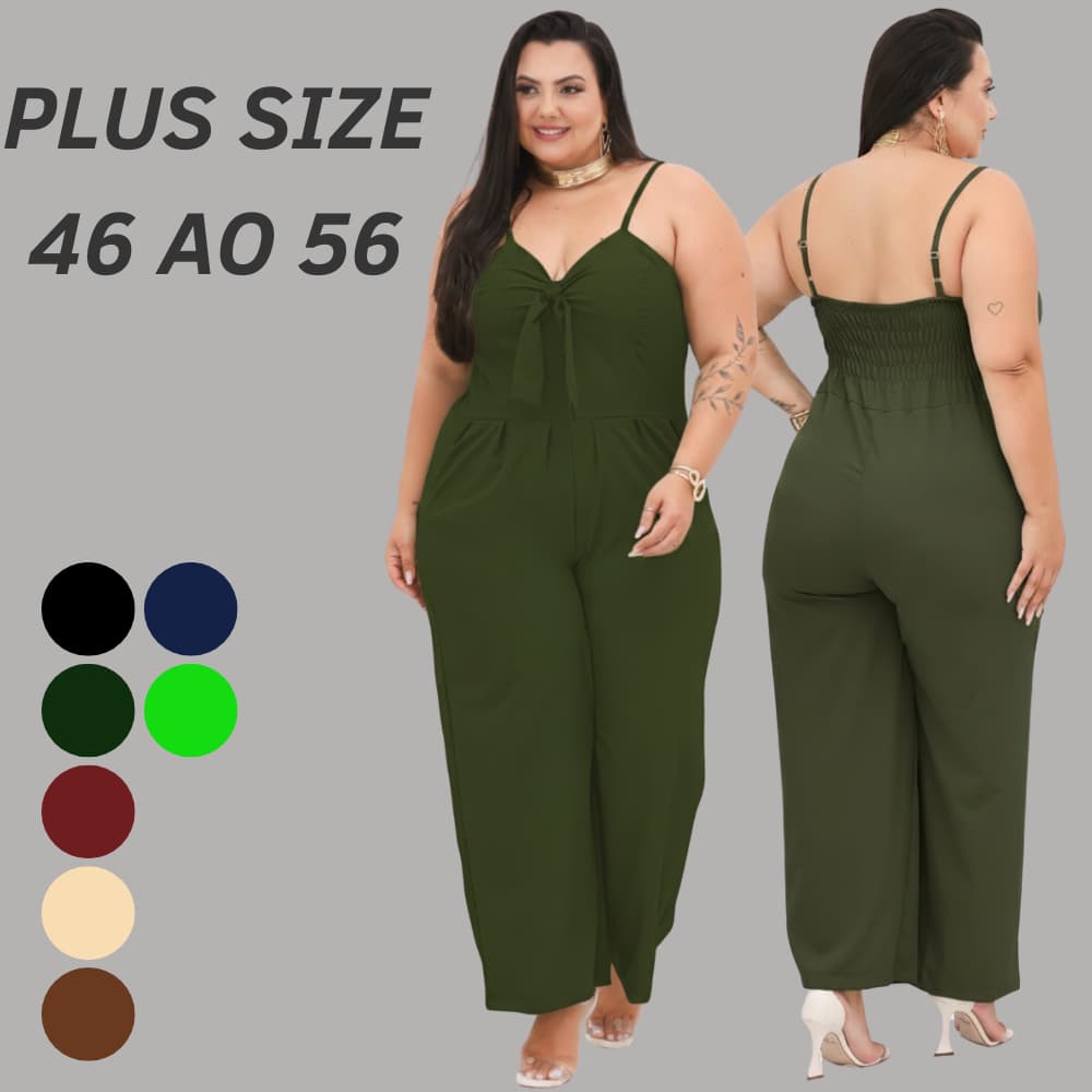 Macacão Curve Decotado Barra Wide Leg Plus Size Feminino Soltinho