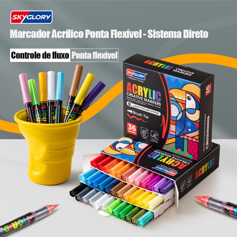 SKYGLORY Marcador Acrílico Ponta Flexível Tinta Direta Cores Vibrantes 24/36 Cores