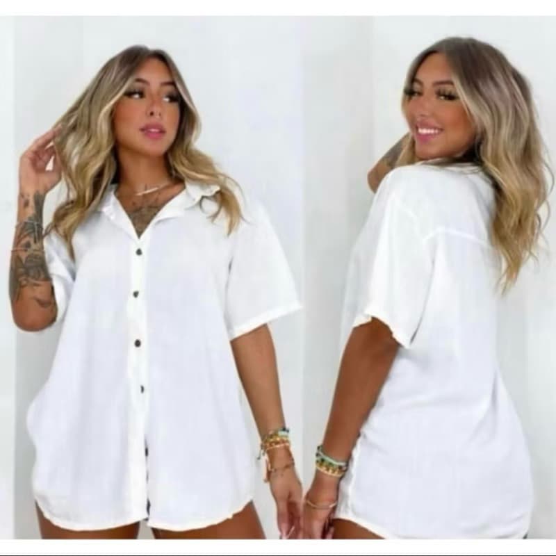 Camisa plus size comprida blusão feminina unissex viscolinho manga curta com botões moda praia