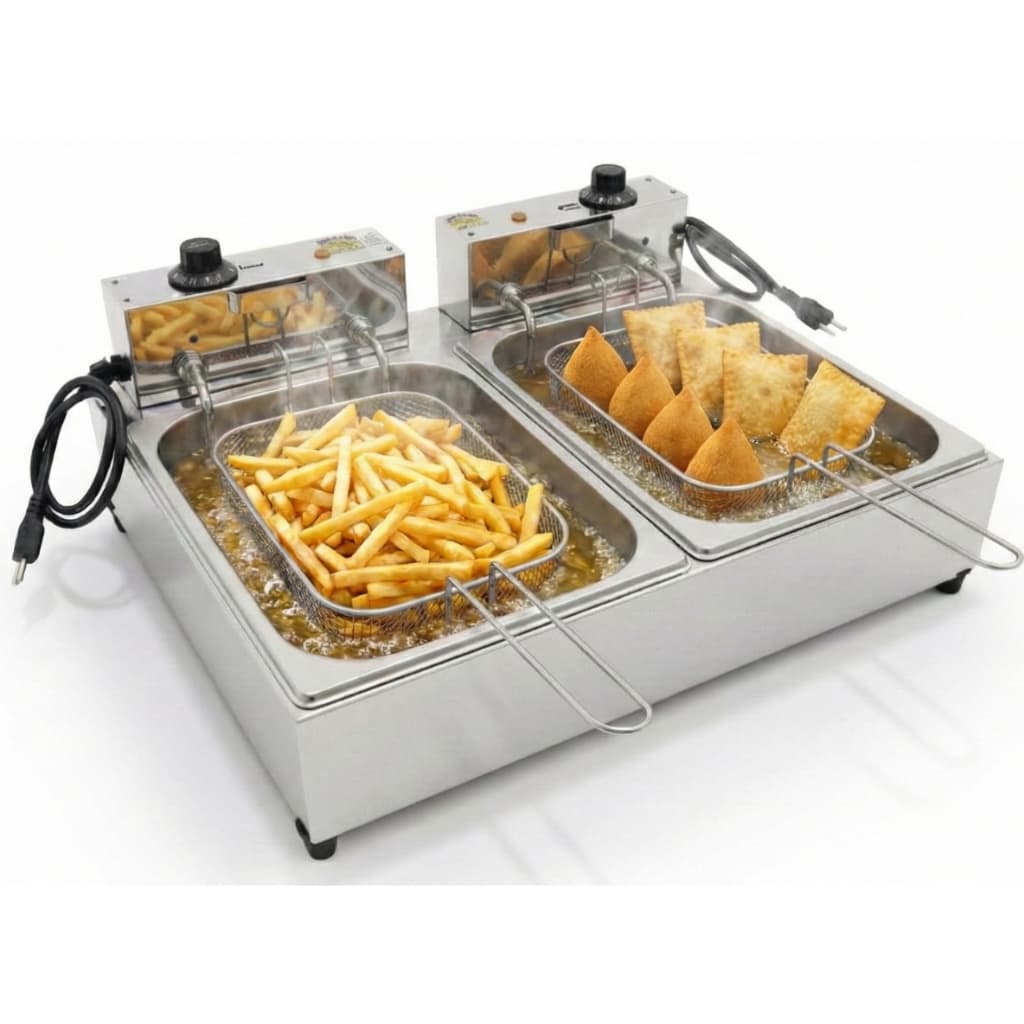 Fritadeira Elétrica Industrial 10L Cuba Dupla com Prensa Cabos de Proteção 2 Tipos de Salgados