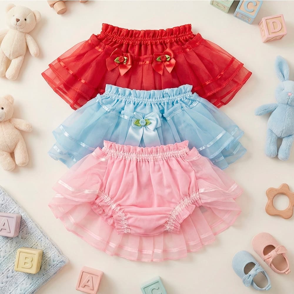 Kit 3 Saia Calcinha Infantil Babados Laço Flores Bebê Menina Festa Tutu Fotos Princesa