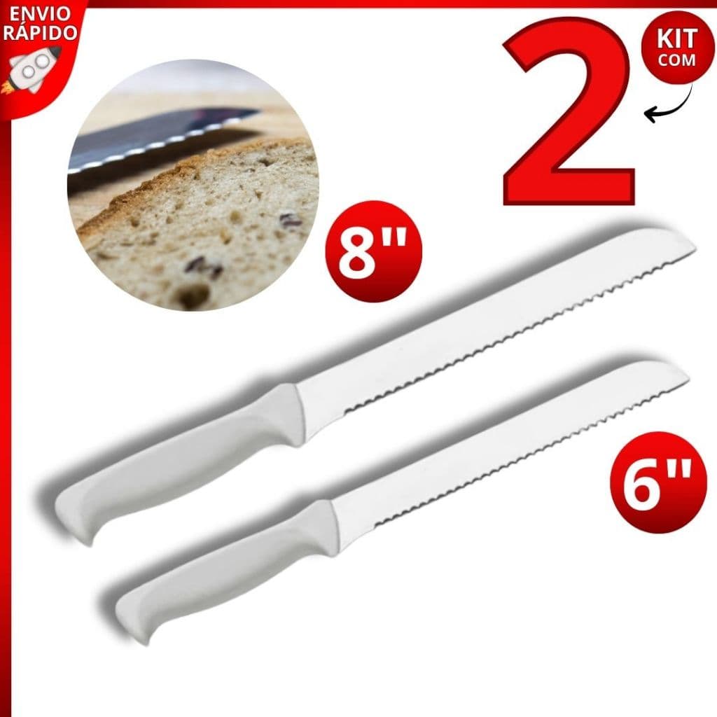 Kit 2 Faca para Pão 6" e 8" Aço Inox Profissional Serrilhada para Cortar Pães e Bolo Cozinha
