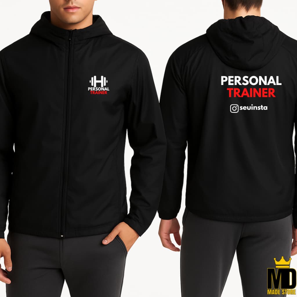 Blusa Jaqueta Corta Vento Unissex  Capuz Personal Trainer Personalizada com Nome