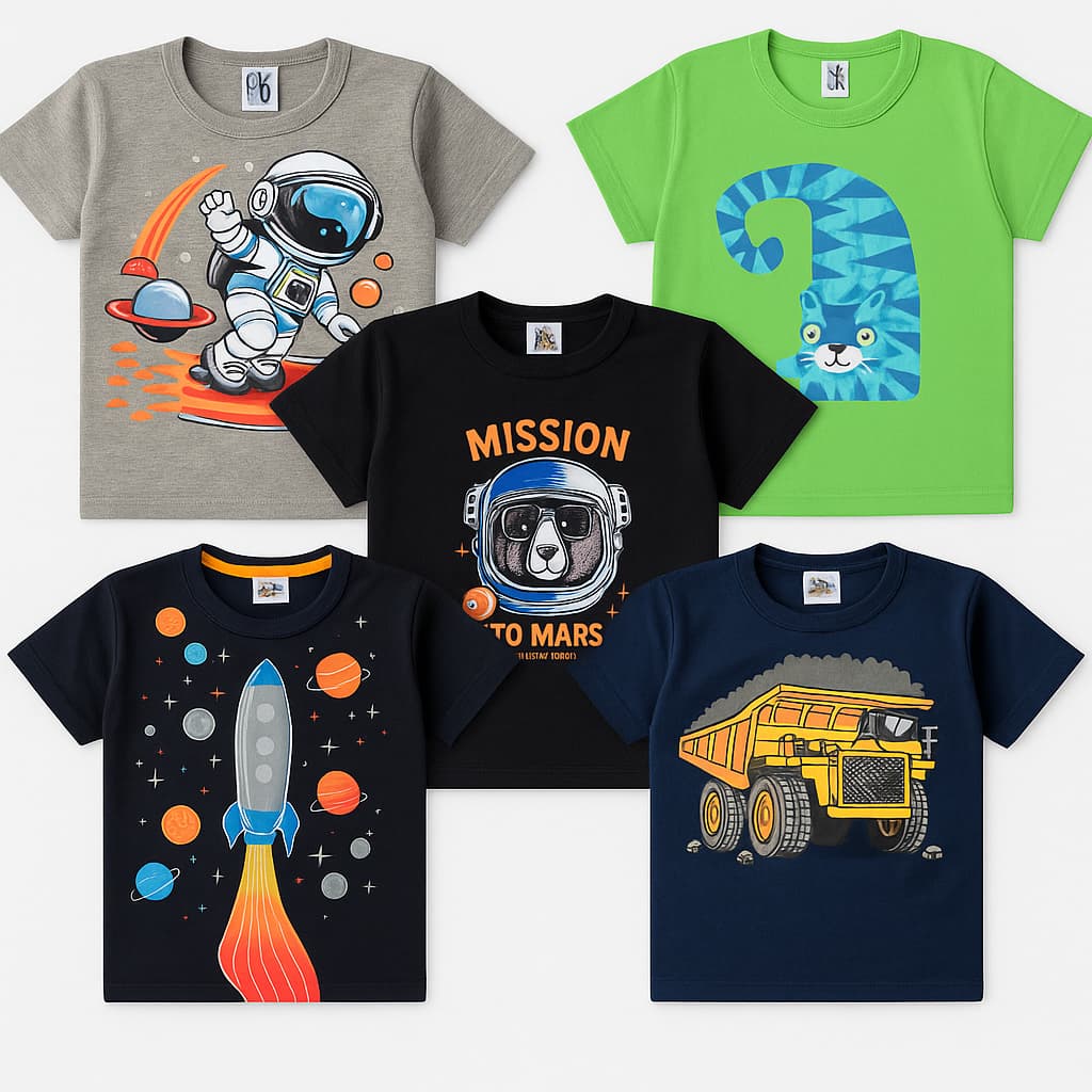 👕 KIT 5 CAMISETAS INFANTIS MASCULINAS TAMANHO 1 AO 12 ANOS 100% ALGODÃO | ESTAMPAS SORTIDAS