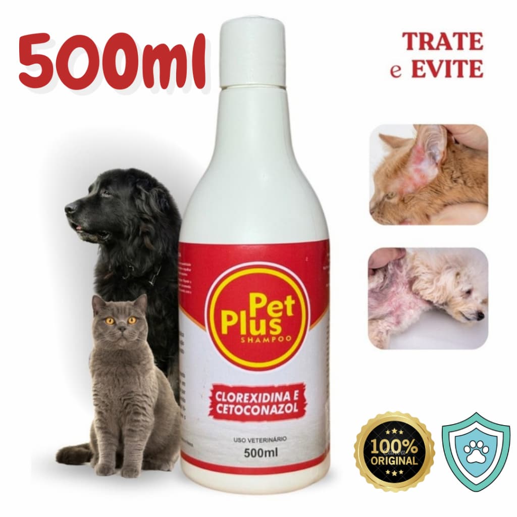 Shampoo Cetoconazol e Clorexidina Tratamento 500ml Pet Plus Anticaspa Coceira e Dermatite Seborreica
