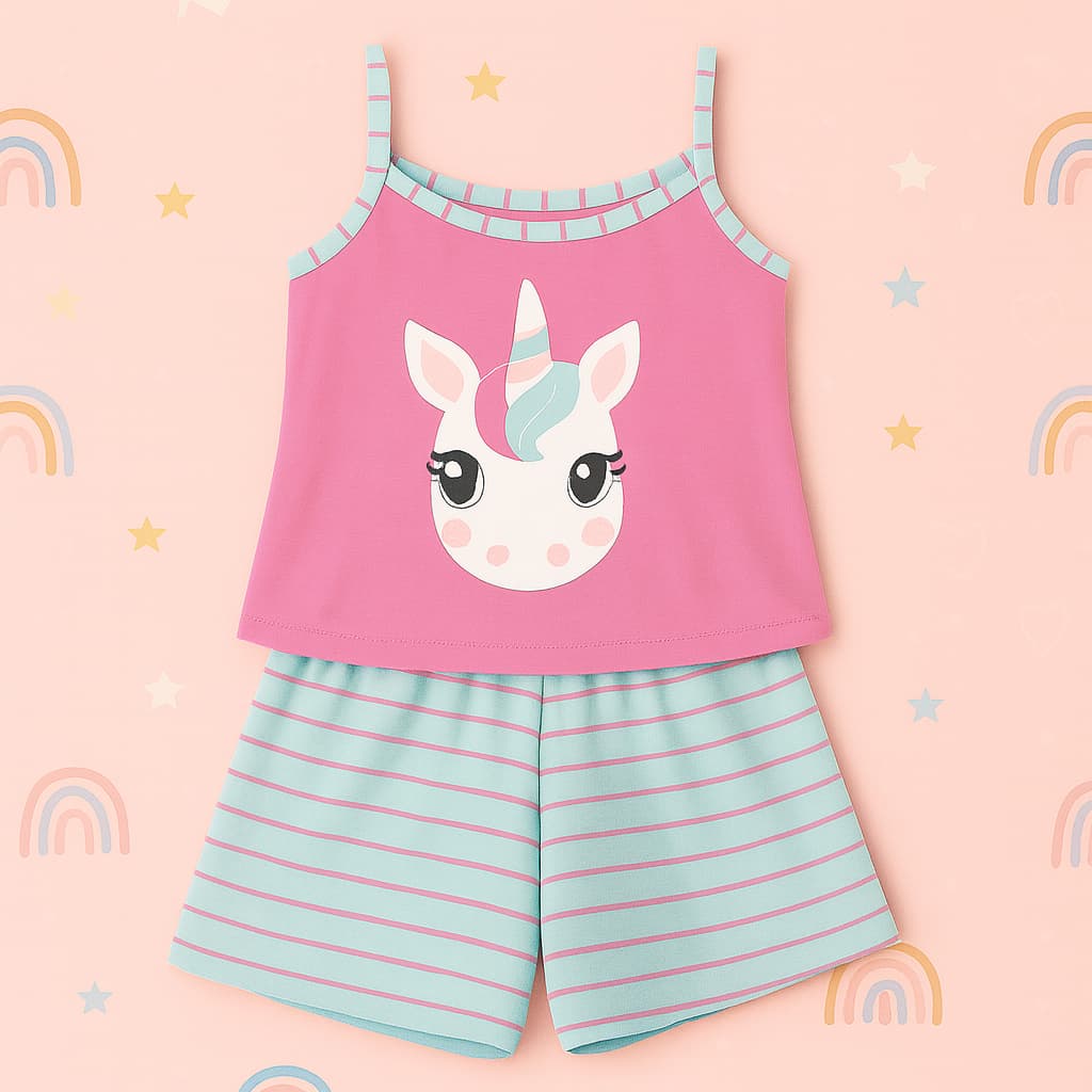 Baby Doll Infantil Malha Confort Unicornio Pijama de Verao Roupa De Dormir Short Doll Menina