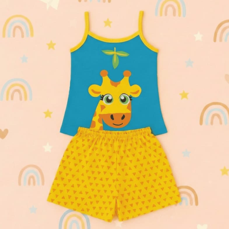 Baby Doll Infantil Malha Confort Girafinha Fofa Pijama de Verao Roupa De Dormir Short Doll Menina