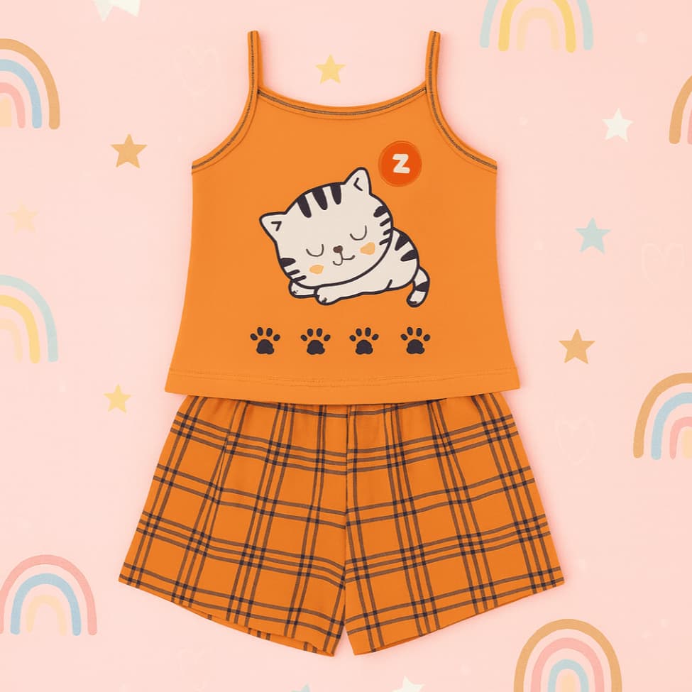 Baby Doll Infantil Malha Confort Gatinho Laranja Pijama de Verao Roupa De Dormir Short Doll Menina