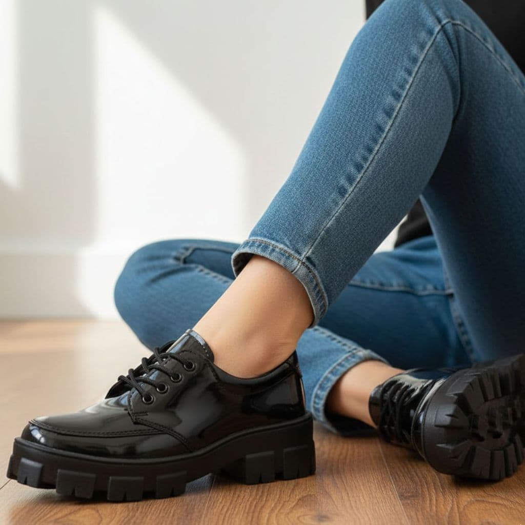 Sapato Mocassim Feminino Oxford Preto Verniz Tratorado Plataforma Blogueira