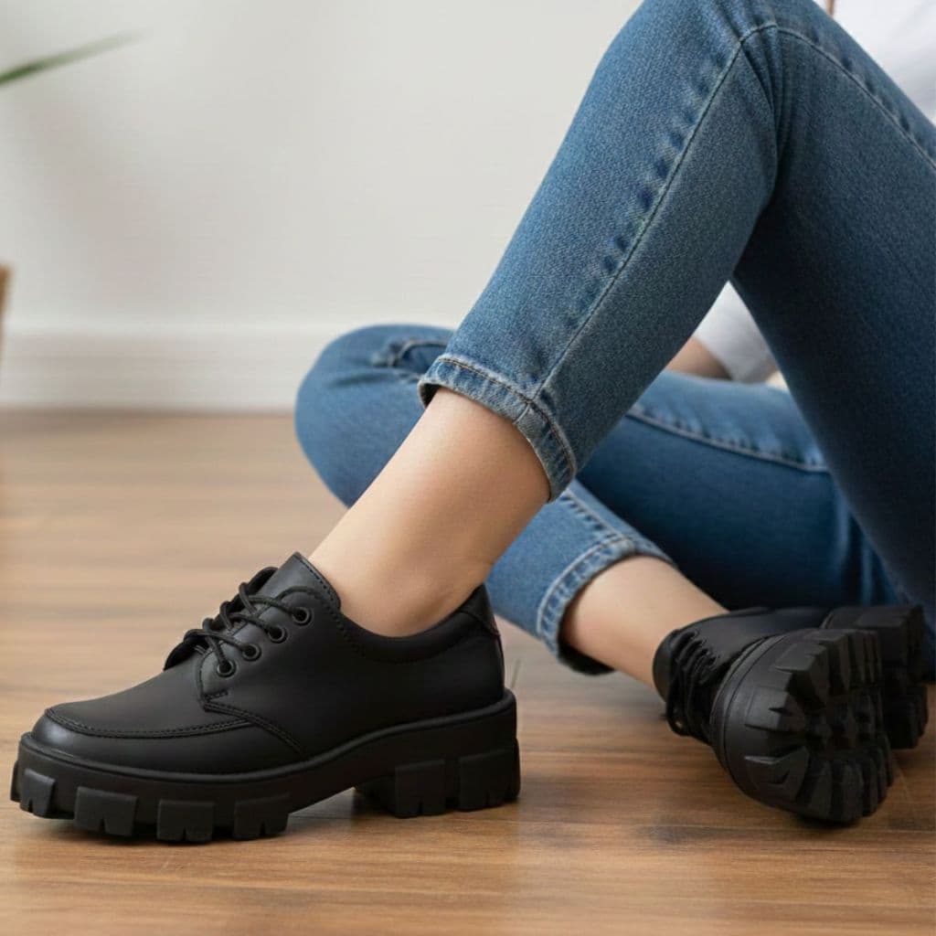 Sapato Feminino Oxford Casual Preto Mocassim Feminino Tratorado Plataforma Blogueira