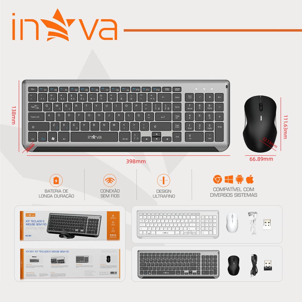 Inova Kit Teclado Mouse Sem Fio Sem Fio Recarregável Bateria Wireless Mac Android