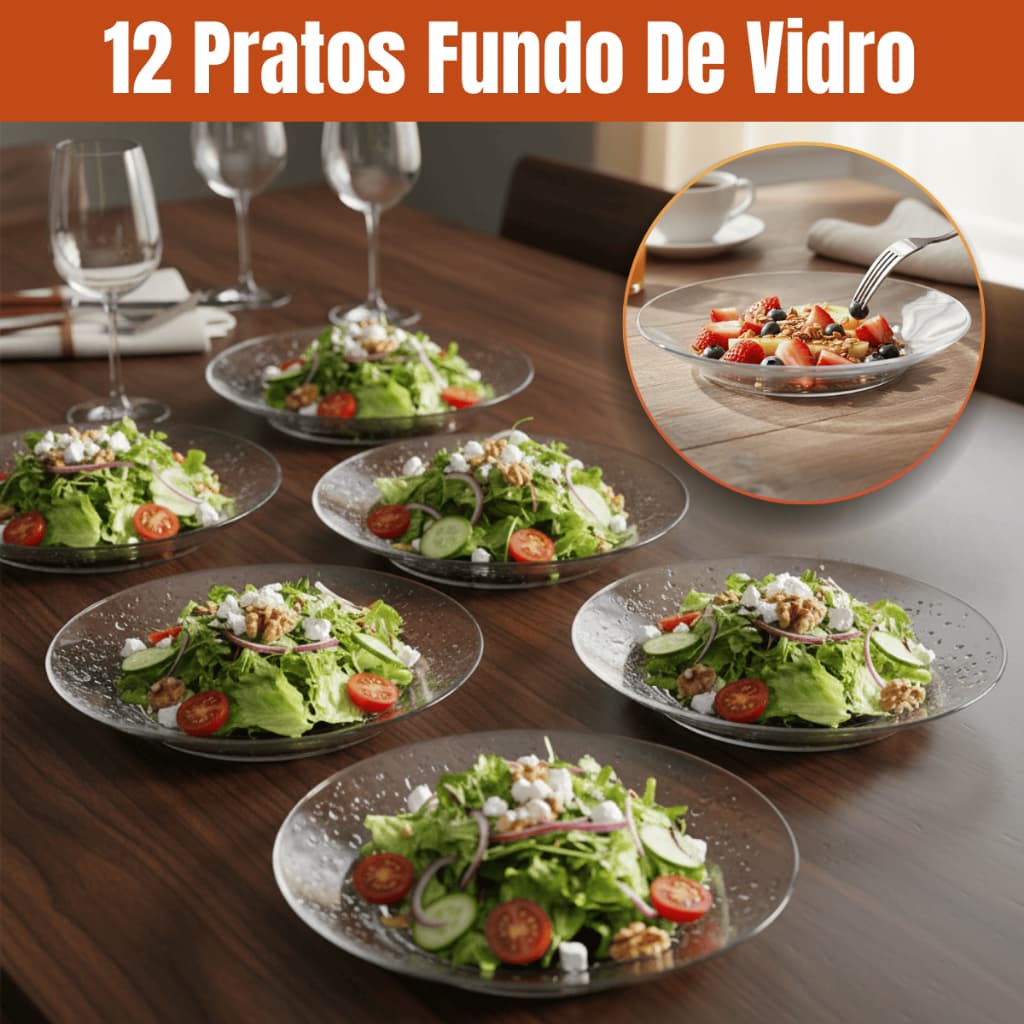 Jogo Prato De Vidro Fundo Kit 12 Peças Resistente Conjunto Jantar Almoço Bar Restaurante Buffet