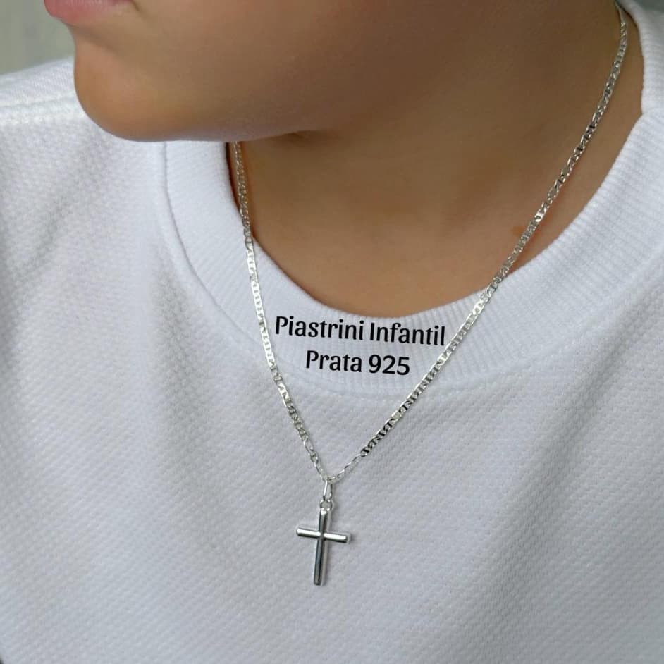 Corrente Piastrine Prata 925 Infantil + Pingente Cruz Antialérgico Masculino