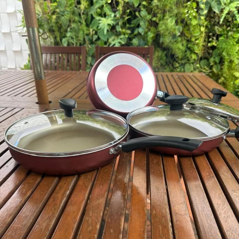 Kit 3 Frigideira Antiaderente Premium c/ Tampa de Vidro Jogo de Frigideiras Fundo Reto