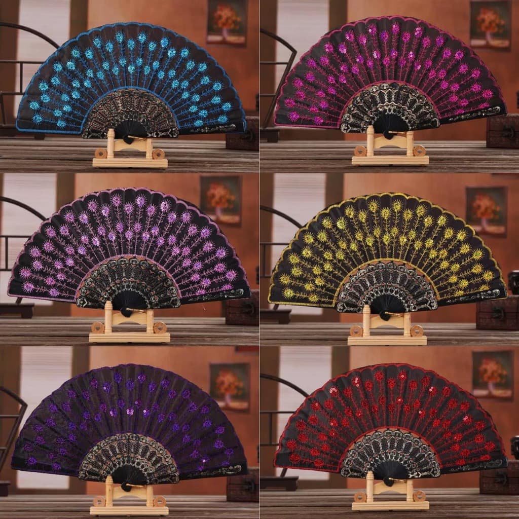 Kit 1/3/5 Leque de Mão Dobrável Chinês Flor/Lantejoulas Paetê Ideal Para Carnaval e Calor