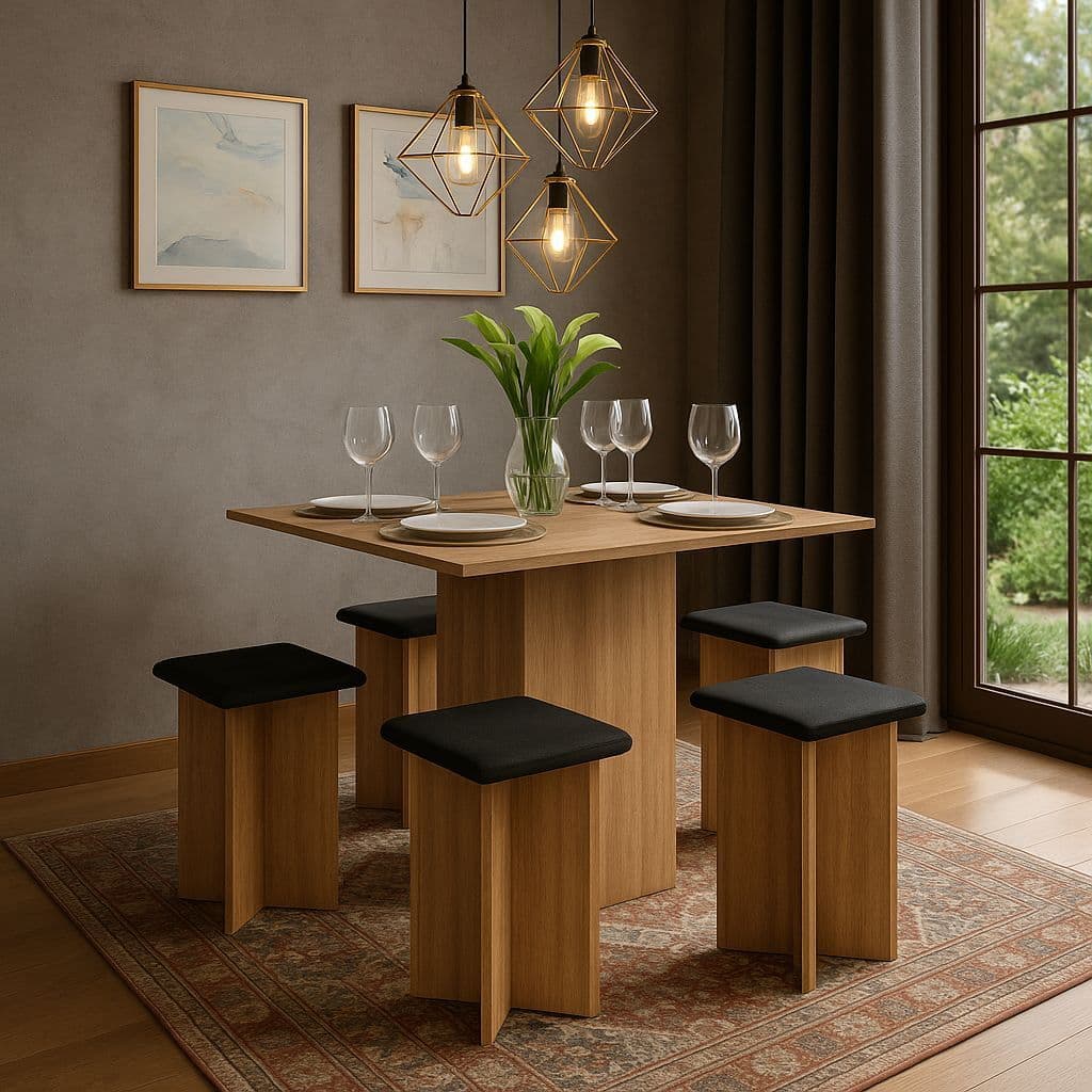 Mesa de Jantar Edna com 4 Banquetas estofadas Porto Velho - Manschester/Preto