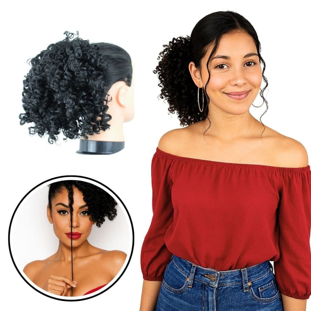 Cabelo Orgânico Coque Premium Idêntico ao Humano Cacheado Curto Puff