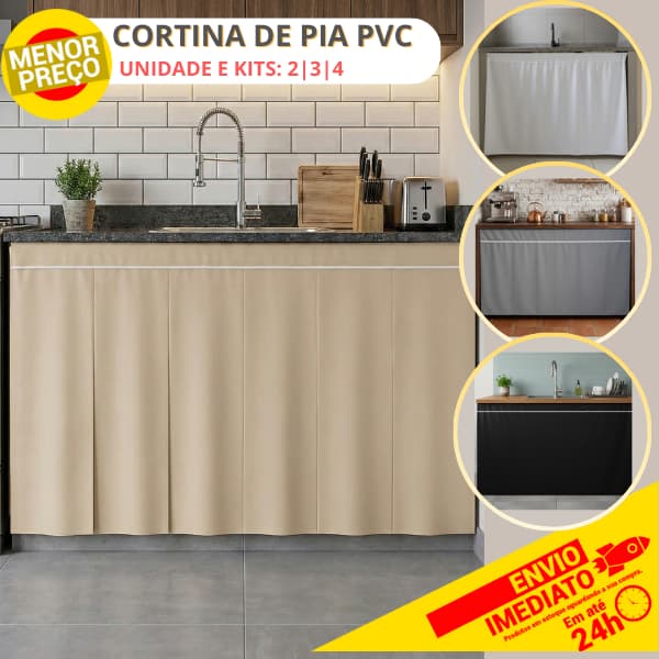 Cortina de Pia Cozinha 100% PVC 138x80cm Resistente Antimofo Impermeável Fácil Limpeza