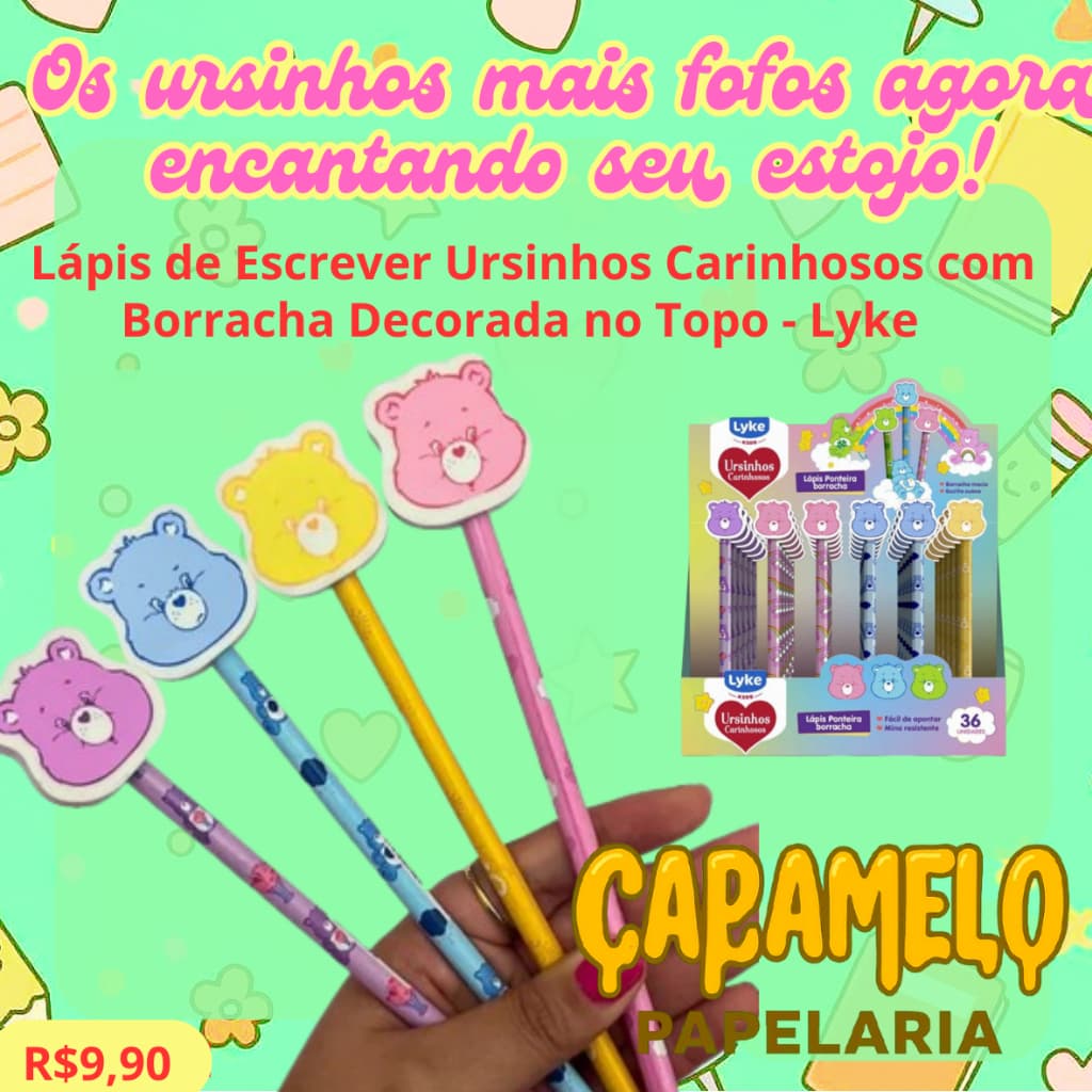 Lápis de Escrever Ursinhos Carinhosos com Borracha Decorada no Topo - Lyke