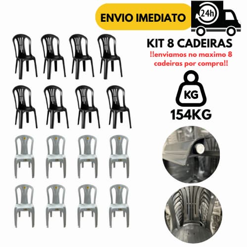 Kit 8/6 Cadeira Bistrô Branca Preta 154Kg Plástica Resistente P/ Igreja Jardim Escritório Bar
